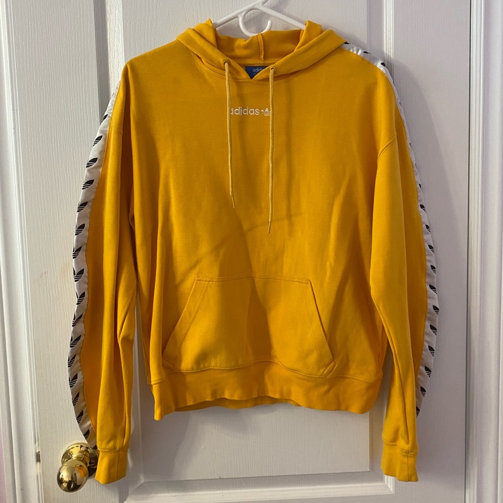 ADIDAS ORIGINALS yellow hoodie with logo detail on sleeves size medium